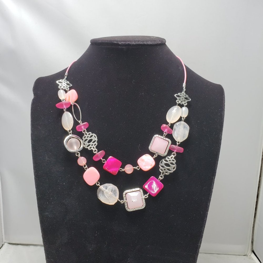Christopher and banks double row Pink Fuchsia & Silver Components neckla…